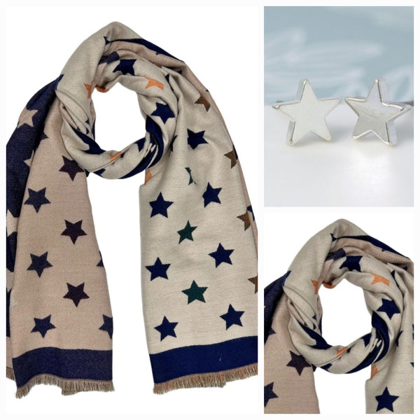 Blue Star Scarf & Star Earrings Set