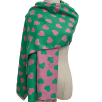 Apple green & pink reversible loveheart scarf